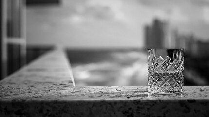Fototapeta na wymiar Crystal glass on a luxury hotel balcony with blurred city view