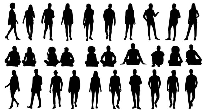 Silhouettes of people walking in a line isolated on transparent background, Vector