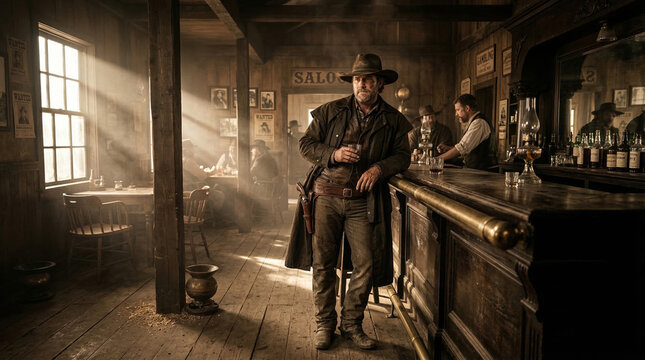 Rugged cowboy with hat and gun holster leaning on bar in smoky vintage Wild West saloon interior