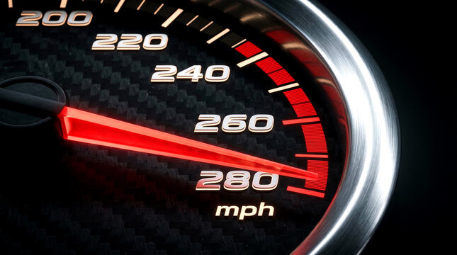 Sports car speedometer closeup at 280 mph with red glowing needle on carbon fiber background and chrome bezel
