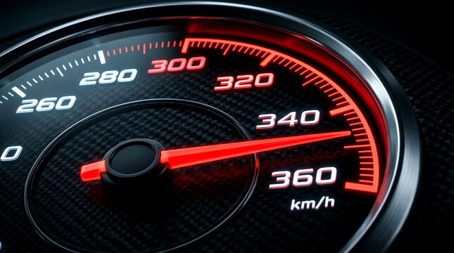 Speedometer at maximum 360 km/h with red glowing display and carbon fiber face, extreme speed sports car gauge
