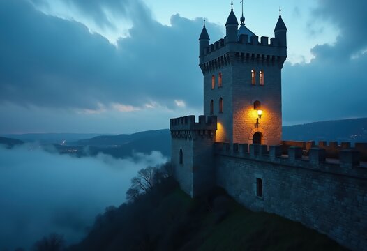 Majestic Stone Watchtower on Medieval City Wall at Dusk with Dramatic Clouds