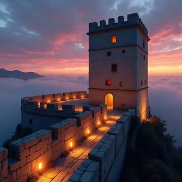 Medieval City Wall Stone Watchtower Spectacular Sunset Glow Overlook Ancient Architecture