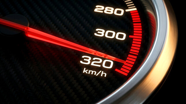Sports car speedometer closeup at 320 km/h with red glowing needle on carbon fiber background and gold chrome bezel