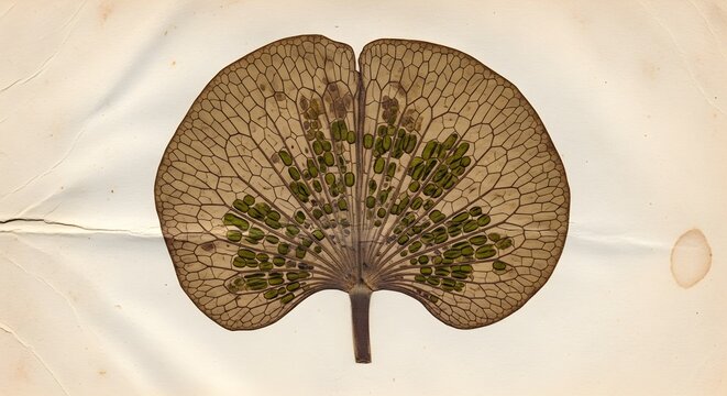 Vintage Botanical Art: Pressed Fern Frond Specimen with Visible Sori on Aged Paper Background