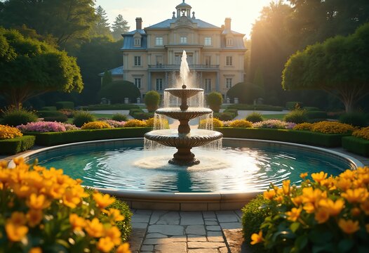 Sumptuous Mansion Surrounded by Pristine Gardens and Majestic Fountain in Blooming Elegance