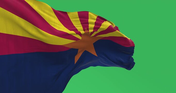 The flag of Arizona waving in the wind isolated on green background. Seamless 3D render animation. Chroma key. Slow motion loop. Green screen. 4K. Selective focus