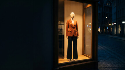 Fototapeta premium Mannequin displaying brown blazer and black trousers in a retail store window at night, illuminated by warm lighting, with cobblestone street visible outside