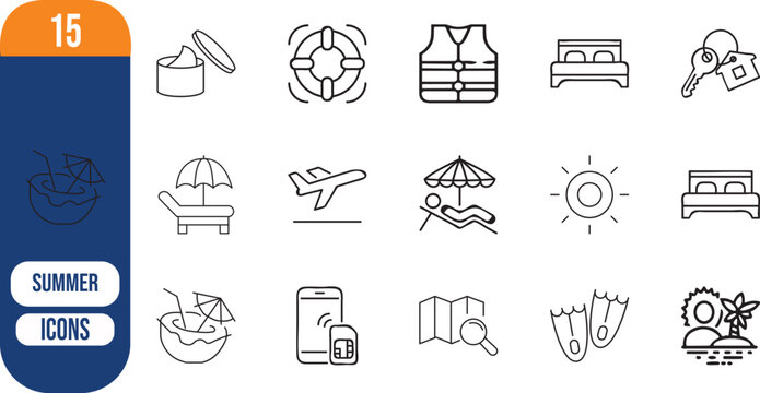 Vacation travel holiday summer beach tourism vector set, airplane, bed, map, sun, fins, keys, sunscreen, lifebuoy