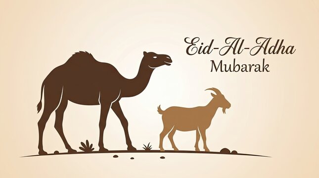 Eid al adha mubarak greeting with camel and goat silhouette