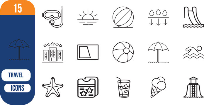 Summer beach holiday travel water recreation icons, snorkel, sunset, beach ball, water slide, hotel, umbrella, swimmer