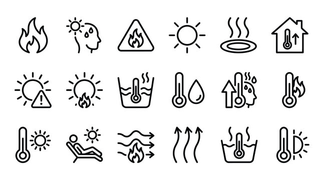 set of hot temperature icons, fire, heat, sun