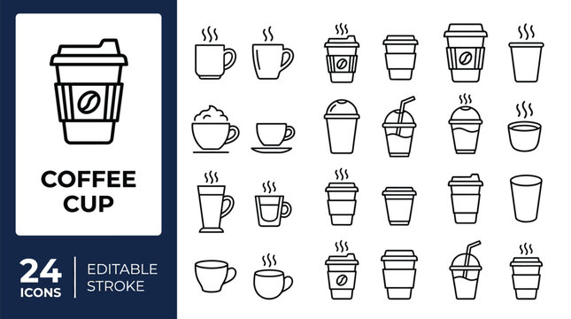 coffee icon set. Contain icons related to coffee, mug, coffee cup, coffee machine, coffee beans, and more. Outline Icon Collection. Editable stroke. Vector illustration	