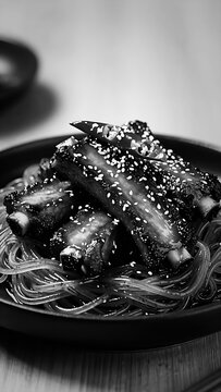 Andong jjim galbi pork ribs served over noodles in monochrome