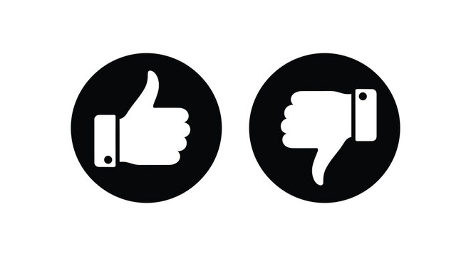 Thumbs up and down icons in circles black and white silhouette