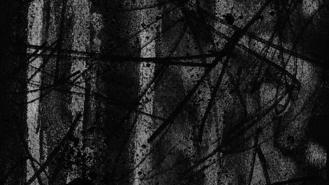 Abstract dark grunge texture with distressed scratches, rough paint strokes, and layered dirty patterns on black background. Perfect for cinematic overlays, horror visuals, vintage film effects, poste