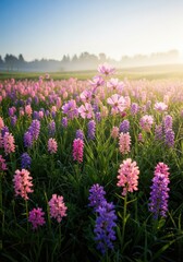 Fototapeta premium A gentle, idyllic meadow bathed in warm morning sunlight. Pink and purple wildflowers create a perfect, optimistic, and welcoming scene of natural beauty, spring, soft, perfect