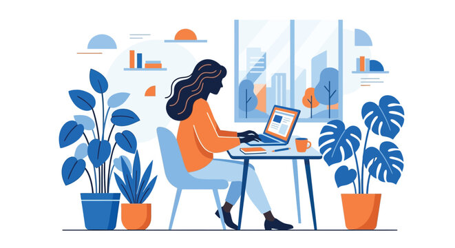 woman working on laptop at desk colorful illustration