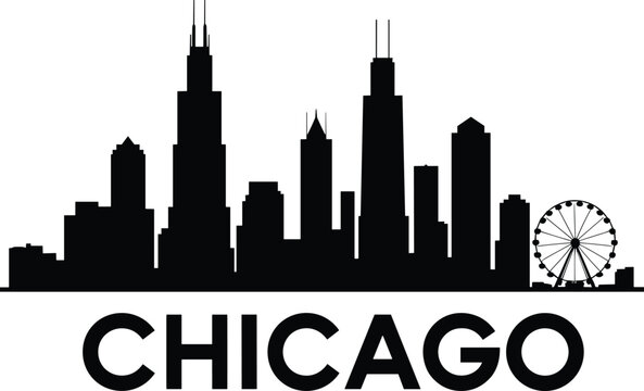 Chicago Skyline Silhouette Vector with Ferris Wheel and Urban Cityscape Illustration Isolated on Light Background