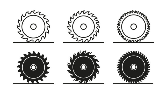 A set of circular saw blade icons featuring various tooth designs and styles is presented as a clean collection of sharp industrial cutting tools for woodworking projects in this high-contrast image.