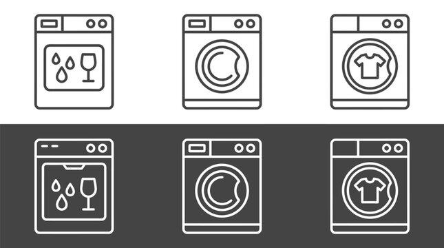 Set of linear washing machine icons featuring various laundry symbols for cleaning clothes and dishes presented in a clean and minimal graphic style suitable for modern digital user interface design.