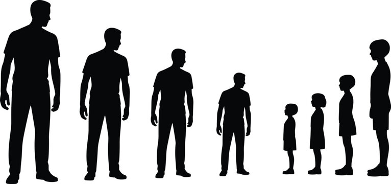 Human Size Comparison Silhouette Collection with Adult Men and Children Standing Figures Vector Illustration