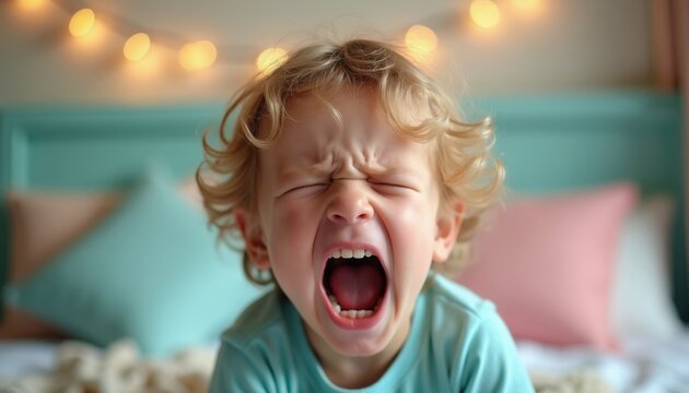 Little boy screams with eyes shut tight in bed. Child expresses anger and frustration, possibly due to a nightmare or bad sleep. Toddler has tantrum in bedroom.