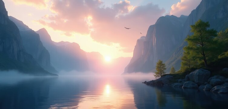Misty mountains rise above calm lake waters at sunrise. Sun reflects on water surface. Birds fly over serene natural landscape. Pine trees grow on rocky shore.