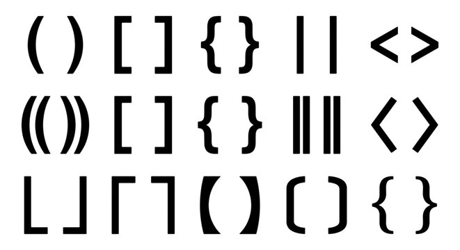 Minimalist bracket icon set, black punctuation symbols and parentheses vector, geometric coding and typography elements for web design