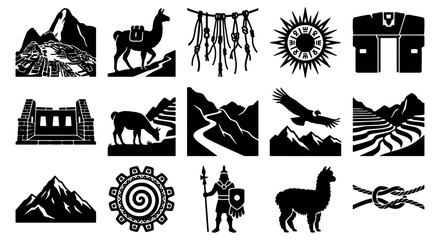 Inca culture icons set, ancient Peruvian civilization symbols and landmarks, 15 black vector silhouettes of Machu Picchu, llamas, and Andean mountains © Asset Aura