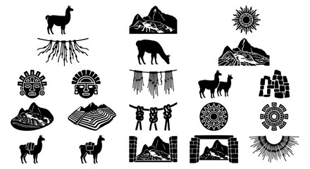 Inca culture icon set, black silhouette Peruvian symbols with llama and alpaca, ancient Andean civilization vector elements for travel and history © Asset Aura