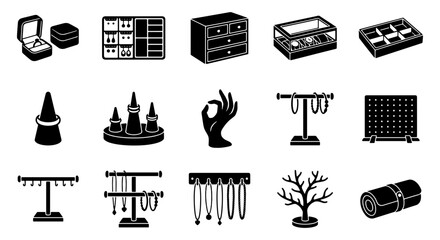 Jewelry display icons set, 15 black solid vector elements for retail storage, earring stands and necklace holders for boutique organization © Asset Aura