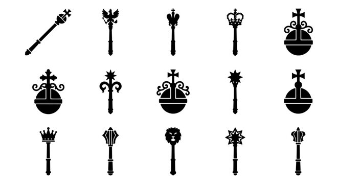 Royal scepter and orb icons set, 15 black silhouette monarch regalia symbols, medieval king and queen ceremonial jewelry vector elements