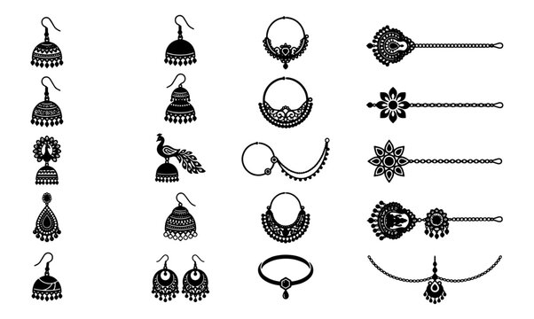 Traditional Indian jewelry icons set, black silhouette jhumka earrings and nose rings, ethnic bridal accessories vector collection