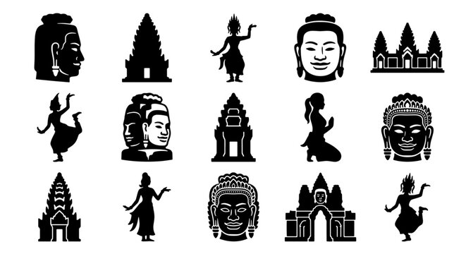 Cambodian cultural icons set, 15 black silhouette vector elements, traditional Khmer temple architecture and Apsara dancer symbols for travel design