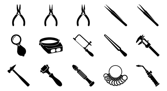 Professional jewelry making tools icon set, 15 black vector silhouettes of goldsmith equipment, jeweler workshop repair and crafting instruments