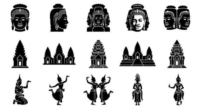 Cambodian cultural icons set, 15 black silhouette vectors of Khmer temple architecture, Apsara dancers and Buddha face statues for travel design