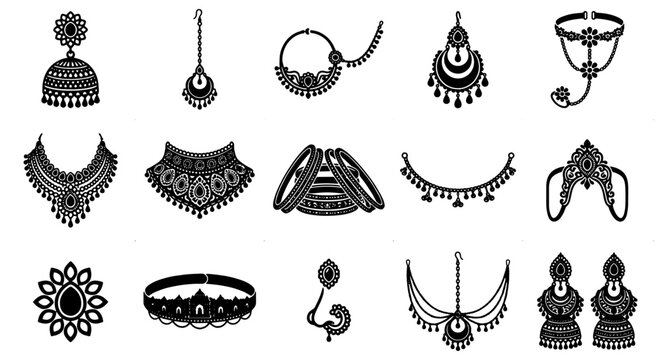 Traditional Indian jewelry icons set, black silhouette ethnic bridal ornaments, 15 vector jewelry elements including necklace and earrings for wedding design