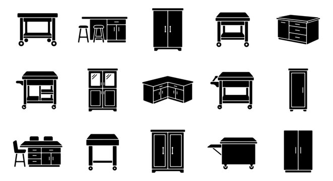 Kitchen island and cabinet icons set, 15 black silhouette furniture vectors, modern kitchen storage units and pantry cupboards for interior design