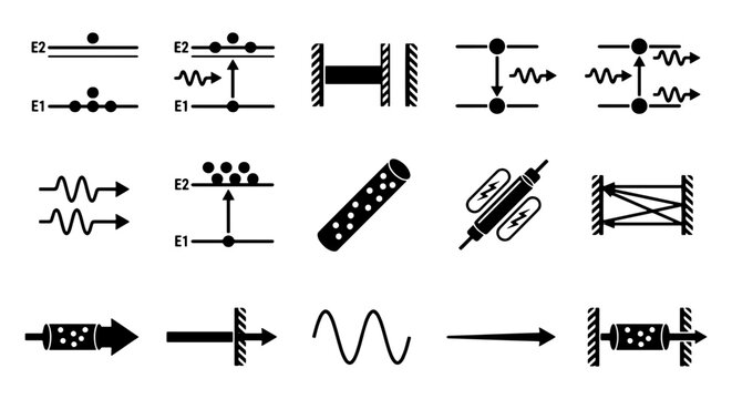 Quantum physics laser icons set, 15 black vector symbols for atomic energy levels and photon emission, scientific diagram elements for education