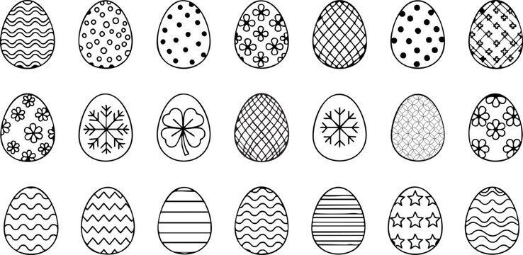 Collection of patterned easter eggs black and white line drawing on white background