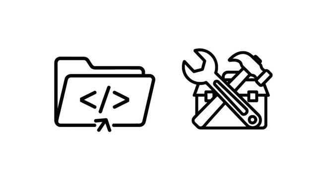 Software development and coding tools icon set: folder with code tag and toolbox with wrench and hammer web development app development computer science