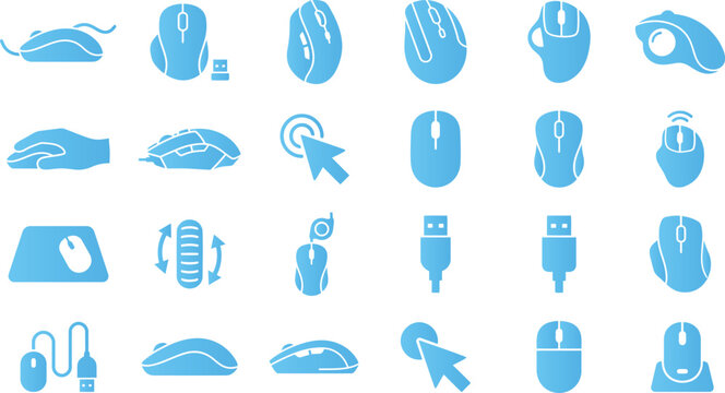 Assorted blue computer mouse icons and navigation pointers for tech device hardware design.