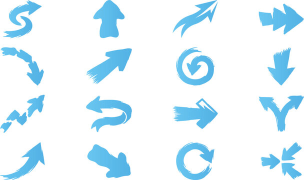 Artistic hand drawn brush stroke arrow collection in vibrant light blue color and style.