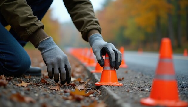 Person in gloves places orange cone on roadside. Safety markers line dirt path next to autumn forest road. Construction work or traffic control.