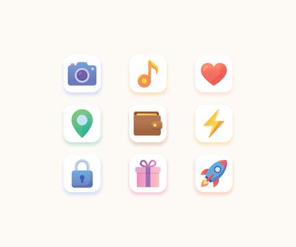 Light theme app icons with camera music heart location wallet lightning bolt lock gift and rocket app icon set