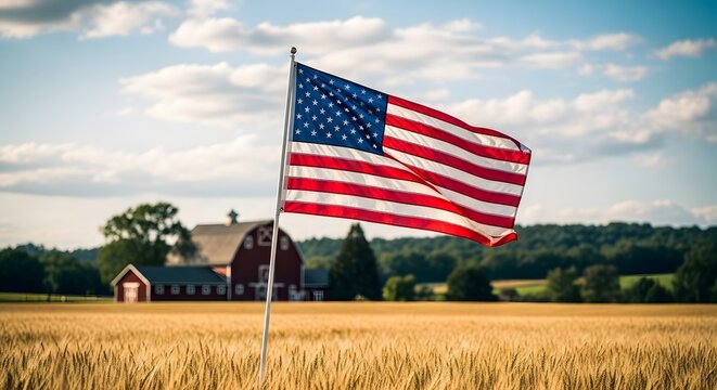 Memorial day american flag waving in field with rural barn backdrop