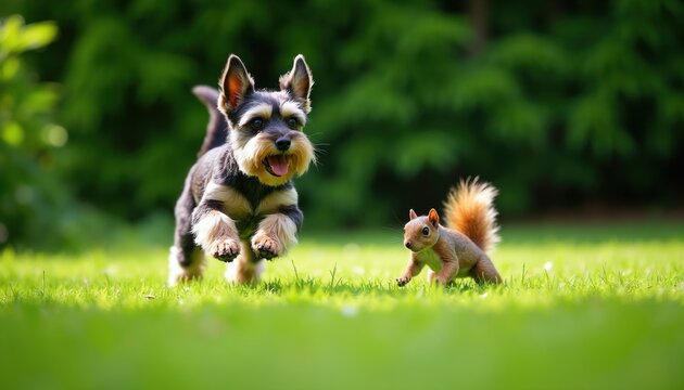 Miniature schnauzer playfully chases squirrel across green grass. Doggy pursues small rodent in sunny garden. Cute pets interact in backyard nature scene. Playful action outside on lawn.