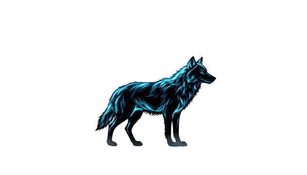 Majestic blue wolf silhouette with detailed fur texture, wild forest predator standing on white background, mystical animal illustration for logo design