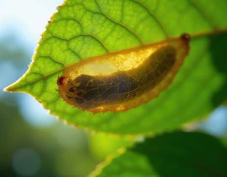 Yellow gold moth cocoon with intricate silk mesh structure holds dark pupa inside, attached to green leaf underside. Close up insect metamorphosis in nature.